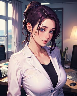 (Masterpiece), (Realistic), (Best Quality), (Super Detailed), Awesome, 1 beautiful office girl, 26 years old, front, half body, (wearing white suit), (white trousers), beautiful eyes, light pink lips, slightly parted lips, smile, exquisite eye makeup, collarbones, big breasts, dark purple hair, (ponytail), office
