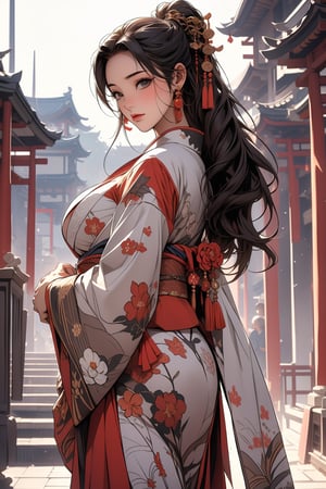 1girl, (Masterpiece: 1.4) (She wears a beautiful skirt that only those with a pure heart can see), kimono, (big breasts 1.5), beautiful underwear, beautiful embroidery, beautiful cloth, exquisite decoration, gorgeous, prominent ,japan background,mansion,palace,bogar,((beautiful background)),detailed drawing,wonderful,emotion,Chinese style
