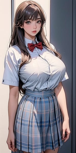 ealistic image of elegant lady, Korean beauty, supermodel, straight brown hair, (bangs 1.3), beautiful eyes, radiant, ice theme, custom design, 1girl, Venus figure with big breasts, red bow tie, white shirt, short sleeves, gray-blue plaid skirt, standing, school,sasha