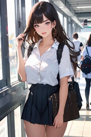 Reality, 1 female high school student (Masterpiece 1.2), (Ultra HD 1.2), (High Resolution 4K), white shirt, (roll up the sleeves), blue school skirt, black leather shoes, black socks, black school bag, big breast collarbone , brown eyes, long brown hair, (air bangs), (bangs covering forehead) perfect eyes, perfect hands, perfect legs, perfect body, perfect lips, full of energy, standing by the window in the school hallway, The campus background outside the window,midjourney,outline,sasha