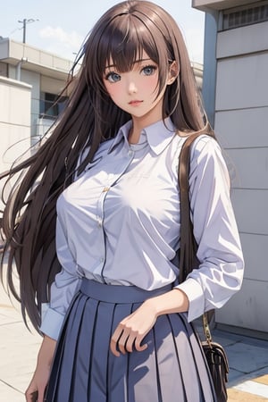 Anime style, female student, beautiful, long straight brown hair, bangs, big breasts, long-sleeved white shirt, gray-blue pleated skirt, white background,high_school_girl,midjourney,sagging breasts