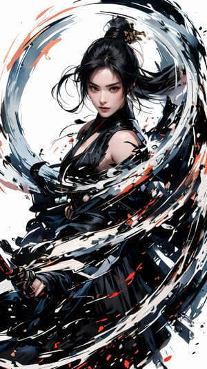 sdmai, wuxia, Chinese ink painting, artistic ink painting, Chinese martial arts films, wearing black robes, fighting posture, cinematic grandeur, splashing details, wild and powerful, solo, weapon, black hair, sword, long hair, 1 girl,  Venus figure, big breasts, cleavage, looking at viewer,  , jiepade, FANTASY, 1male,  comic
