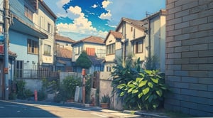 Animation style, houses, streets, blue sky, white clouds