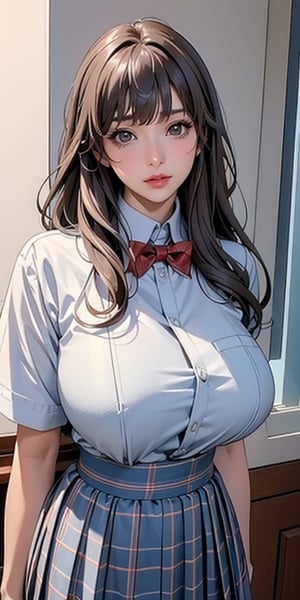 ealistic image of elegant lady, Korean beauty, supermodel, straight brown hair, (bangs 1.3), beautiful eyes, radiant, ice theme, custom design, 1girl, Venus figure with big breasts, red bow tie, white shirt, short sleeves, gray-blue plaid skirt, standing, school,sasha