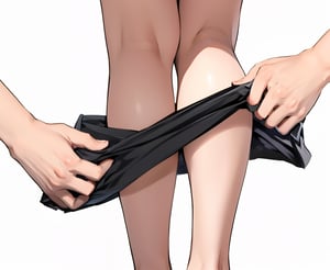 Hand close-up, man's hand, delicate hand, pulling down woman's black skirt, woman's legs, white background, outline
