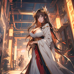 Anime girl with flowing hair standing on top of a building, concept art by Victor Wang, art station contest winner, fantasy art, cg station trend, art station by guweiz on pixiv, beautiful and charming anime woman, big breasts, cleavage, mature and sexy , brown hair, white dress, 2. 5d cgi anime fantasy artwork, very detailed art sprout, ross tran 8k, guweiz on pixiv art site,
