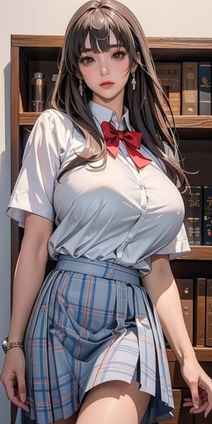 ealistic image of elegant lady, Korean beauty, supermodel, straight brown hair, (bangs 1.3), beautiful eyes, radiant, ice theme, custom design, 1girl, Venus figure with big breasts, red bow tie, white shirt, short sleeves, gray-blue plaid skirt, standing, school,sasha