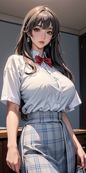 ealistic image of elegant lady, Korean beauty, supermodel, straight brown hair, (bangs 1.3), beautiful eyes, radiant, ice theme, custom design, 1girl, Venus figure with big breasts, red bow tie, white shirt, short sleeves, gray-blue plaid skirt, standing, school,sasha