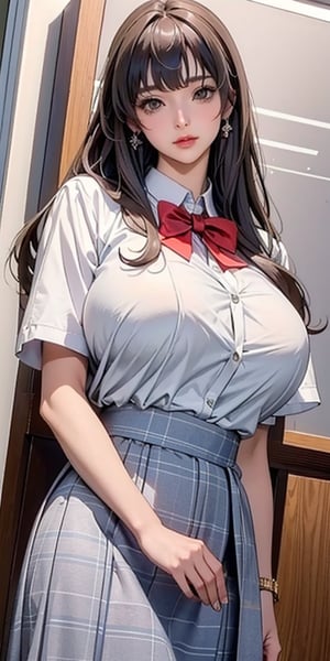 ealistic image of elegant lady, Korean beauty, supermodel, straight brown hair, (bangs 1.3), beautiful eyes, radiant, ice theme, custom design, 1girl, Venus figure with big breasts, red bow tie, white shirt, short sleeves, gray-blue plaid skirt, standing, school,sasha