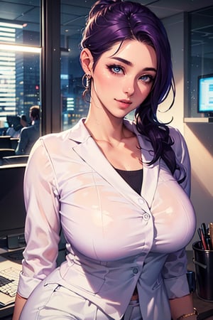 (Masterpiece), (Realistic), (Best Quality), (Super Detailed), Awesome, 1 beautiful office girl, 26 years old, front, half body, (wearing white suit), (white trousers), beautiful eyes, light pink lips, slightly parted lips, smile, exquisite eye makeup, collarbones, big breasts, dark purple hair, (ponytail), office, 
