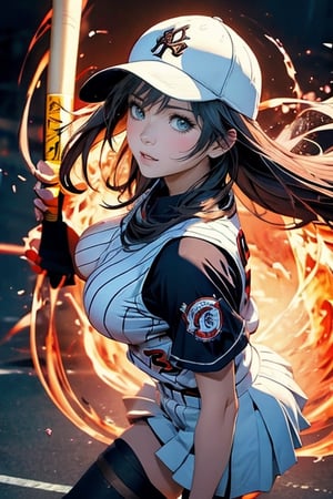 Anime baseball player in uniform swinging a baseball bat, Highly detailed official artwork, Detailed digital anime art, Scope Murata and Artgerm, [4k Digital Art]!!, Clean detailed anime art, Art germ and Atey Ghailan, Marin Kitakawa fan art, best animated 4k konachan wallpapers, movie lights, filters, 1girl, detailed face, beautiful and detailed eyes, (big breasts 1.2), big ass, dynamic angles, delicate and beautiful hair, extremely detailed and beautiful cloth, perfect face, perfect eyes, perfect lips, (baseball uniform), (baseball cap), (cowboy shooting), zettai Ryouiki (baseball field 1.5), high-detailed, midway, high-detailed, (bouncing breasts 1.3), silhouette