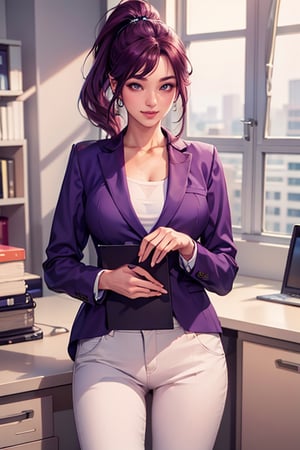 (Masterpiece), (Realistic), (Best Quality), (Super Detailed), Awesome, 1 beautiful office girl, 26 years old, front, half body, (wearing dark executive suit), (white trousers) , beautiful eyes, light pink lips, slightly parted lips, smile, exquisite eye makeup, collarbone, big breasts, dark purple hair, (ponytail), office,oda non,seolhyunlorashy
