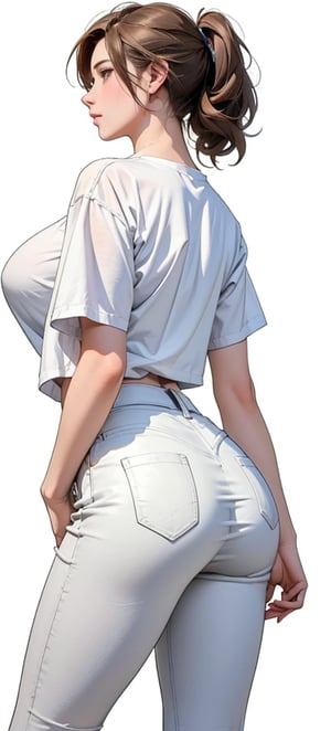 1girl, back, facing away from the audience, walking, whole body, Weiner's slim figure, big breasts, beautiful legs, butt, casual wear, short-sleeved white T-shirt, dark gray skirt, white casual shoes, (long straight brown hair: 1.3), most Best quality, high resolution, 8k, realistic, clear focus, realistic elegant lady image, white background, outline
