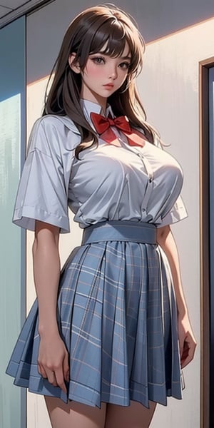 ealistic image of elegant lady, Korean beauty, supermodel, straight brown hair, (bangs 1.3), beautiful eyes, radiant, ice theme, custom design, 1girl, Venus figure with big breasts, red bow tie, white shirt, short sleeves, gray-blue plaid skirt, standing, school,sasha