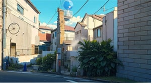 Animation style, houses, streets, blue sky, white clouds