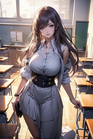 Anime schoolgirl posing with huge breasts, Victor Wang's concept art, art site contest winner, fantasy art, cg site trend, guweiz's art site on pixiv, beautiful and charming anime woman, slightly voluptuous figure, big breasts, brown hair, (Student Uniform 1.5), 2.5D cgi anime fantasy artwork, very detailed art sprout, ross tran 8k, guweiz on pixiv art site, classroom background, outline
