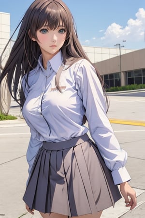 Anime style, female student, beautiful, long straight brown hair, bangs, big breasts, long-sleeved white shirt, gray-blue pleated skirt, white background,high_school_girl,midjourney,sagging breasts