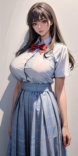 ealistic image of elegant lady, Korean beauty, supermodel, straight brown hair, (bangs 1.3), beautiful eyes, radiant, ice theme, custom design, 1girl, Venus figure with big breasts, red bow tie, white shirt, short sleeves, gray-blue plaid skirt, standing, school,sasha