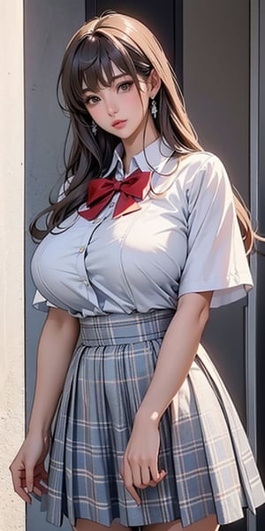 ealistic image of elegant lady, Korean beauty, supermodel, straight brown hair, (bangs 1.3), beautiful eyes, radiant, ice theme, custom design, 1girl, Venus figure with big breasts, red bow tie, white shirt, short sleeves, gray-blue plaid skirt, standing, school,sasha