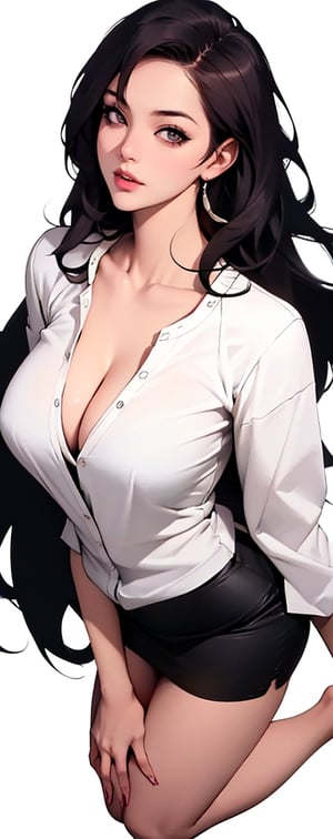 (Masterpiece), (Realistic), (Excellent), (Super detailed), Awesome, beautiful office girl, solo, (full body), Korean girl, 28 years old, (wearing white long-sleeved shirt 1.2), blue and black tight skirt , beautiful big eyes, light pink lips, slightly parted lips, exquisite eye makeup, slightly chubby figure, collarbone, big breasts, cleavage, medium-long brown hair, bangs, (white background), silhouette
