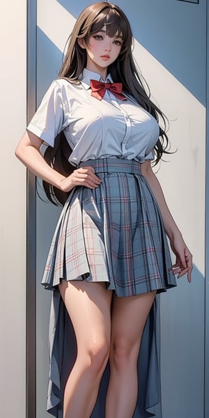 ealistic image of elegant lady, Korean beauty, supermodel, straight brown hair, (bangs 1.3), beautiful eyes, radiant, ice theme, custom design, 1girl, Venus figure with big breasts, red bow tie, white shirt, short sleeves, gray-blue plaid skirt, standing, school,sasha