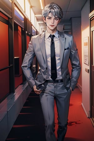 Masterpiece, highest quality, handsome Korean idol, white skin, black and blue short hair, (bangs), (hair a bit messy), evil confident smile, murderous eyes, (blood red eyes), (dark silver gray suit , dark silver gray trousers, dark silver gray tie, white shirt), office corridor
,1 boy,1 girl