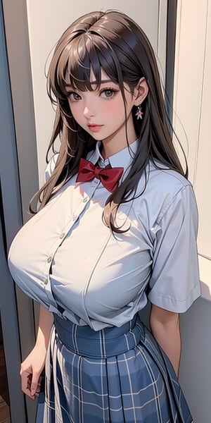 ealistic image of elegant lady, Korean beauty, supermodel, straight brown hair, (bangs 1.3), beautiful eyes, radiant, ice theme, custom design, 1girl, Venus figure with big breasts, red bow tie, white shirt, short sleeves, gray-blue plaid skirt, standing, school,sasha