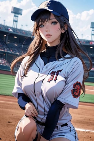 A woman wearing a baseball uniform stands on a baseball field, extremely detailed artgerm, style artgerm, beautiful anime girl squatting, seductive anime girl, range Murata and artgerm, 4k manga wallpaper, artgerm style, artgerm style, trend artgerm, ig model | artgerm, clean and detailed anime art, intricate details, cinematic light, 1girl, detailed face, beautiful and detailed eyes, big breasts, dynamic angles, exquisite and beautiful hair, extremely delicate and beautiful fabrics, perfect face, perfect eyes, perfect lips, (baseball uniform), (baseball cap), (cowboy shooting), zettai Ryouiki (baseball field in the background)
