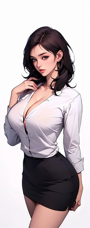 (Masterpiece), (Realistic), (Excellent), (Super Detailed), Awesome, beautiful office girl, Korean girl, 28 years old, (wearing white long-sleeved shirt 1.2), blue and black tight skirt, woman has beautiful Big eyes, light pink lips, slightly parted lips, exquisite eye makeup, slightly plump figure, collarbones, big breasts, cleavage, medium-long brown hair,bangs, (white background), silhouette