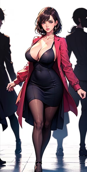 (Masterpiece), (Realistic), (Excellent), (Super Detailed), Awesome, beautiful Korean wife, 28 years old, (wearing white long-sleeved tights 1.2), blue and black tight skirt, the woman has beautiful big eyes, Light pink lips, slightly parted lips, delicate eye makeup, slightly chubby figure, collarbone, big breasts, cleavage, medium-length brown hair, bangs, high-heeled shoes, walking, (white background), silhouette
