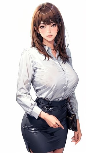 1 anime girl, (big breasts 1.5), (long brown hair, bangs: 1.2), slightly plump figure, wearing a white shirt, gray and black skirt, sexy OL, handbag, white background
,obata takeshi,High detailed 