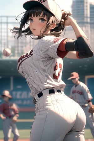 Anime baseball player in uniform throwing a ball, Highly detailed official artwork, Detailed digital anime art, Scope Murata and Artgerm, [4k Digital Art]!!, Clean detailed anime art, Artgerm and Atey Ghailan, Marin Kitakawa Fan art, best anime 4k konachan wallpapers, cinematic lighting, filters, 1girl, detailed face, beautiful detailed eyes, (big breasts 1.2), big ass, dynamic angles, fine and beautiful hair, extremely fine and beautiful cloth , perfect face, perfect eyes, perfect lips, (baseball uniform), (baseball cap), (cowboy shooting), zettai Ryouiki (baseball field), high-detailed, midway, high-detailed, (bouncing breasts 1.3)
,High detailed ,midjourney