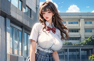 realistic image of elegant lady, Korean beauty, supermodel, straight brown hair, (bangs 1.3), beautiful eyes, radiant, ice theme, custom design, 1girl, Venus figure with big breasts, red bow tie, white shirt, short sleeves, gray-blue plaid skirt, standing, campus background 1.5,wlop