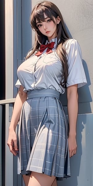 ealistic image of elegant lady, Korean beauty, supermodel, straight brown hair, (bangs 1.3), beautiful eyes, radiant, ice theme, custom design, 1girl, Venus figure with big breasts, red bow tie, white shirt, short sleeves, gray-blue plaid skirt, standing, school,sasha