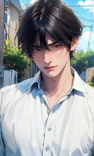 Best quality, high resolution, 8k, realistic, sharp focus, 1 person, short bl;ack hair, parted bangs, red eyes, white shirt, outline
