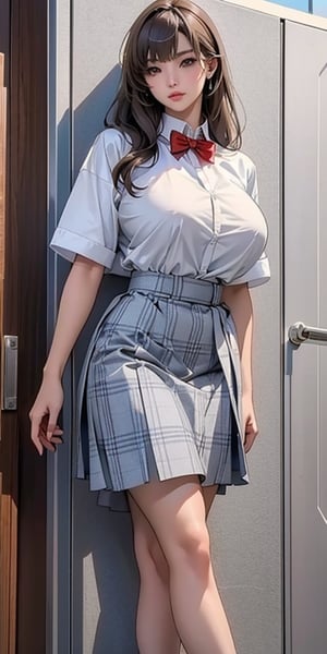 ealistic image of elegant lady, Korean beauty, supermodel, straight brown hair, (bangs 1.3), beautiful eyes, radiant, ice theme, custom design, 1girl, Venus figure with big breasts, red bow tie, white shirt, short sleeves, gray-blue plaid skirt, standing, school,sasha