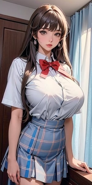 ealistic image of elegant lady, Korean beauty, supermodel, straight brown hair, (bangs 1.3), beautiful eyes, radiant, ice theme, custom design, 1girl, Venus figure with big breasts, red bow tie, white shirt, short sleeves, gray-blue plaid skirt, standing, school,sasha