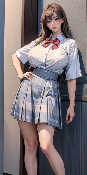 ealistic image of elegant lady, Korean beauty, supermodel, straight brown hair, (bangs 1.3), beautiful eyes, radiant, ice theme, custom design, 1girl, Venus figure with big breasts, red bow tie, white shirt, short sleeves, gray-blue plaid skirt, standing, school,sasha