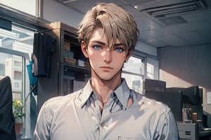 (Masterpiece, boutique, quality, exquisite character), handsome office worker 1, standing, hands in pockets, short blond hair, (bangs), blue eyes, fair skin, solemn expression, wearing white shirt, dark gray trousers, office
,midjourney