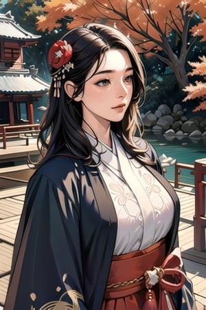 (Super refined), (Illustration), (Extremely refined and beautiful), Fake traditional media, Perfect body, Cowboy shooting, (Perspective), Kyoto style, (Sketch), (Close-up), (Beautiful and detailed girl in Japanese room: 1.47) ,Washitsu,(Solo:1.4),(HD Background,Japanese Garden:1.25),(Stream:0.55),Wooden Bridge,(Movie Lighting,Beautiful Detailed Glow:1.0),(Beautiful Detailed Eyes),Brown Hair , (big breasts 1.5), ((black cloak)), red kimono, hair flowers, hair accessories, shoulder hair, Japanese clothing, lace kimono, pom pom hair accessories, tassels, wavy hair, glitter, blue sky,( Autumn: 1.1), outdoor, (luminous particles: 0.85), maple trees in the distance, epic scene, (stone lantern, bonsai: 1.0), (white sand: 0.85), (rockery: 0.8), (Japanese architecture: 1.1), (outline deepening: 1.1), (flying fallen leaves), (dappled sunlight shining on her: 1.25), (Tyndale effect: 1.1), (clouds retain background: 1.1), (depth of field), highlight
,Milf,oda non,niji,sketch,manga,High detailed 