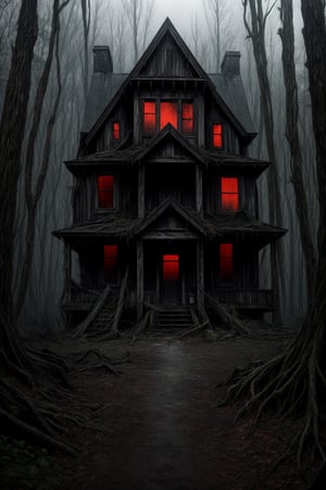 "Generate a detailed and unsettling description of a mysterious and creepy house hidden deep within a dense and ominous forest. Emphasize eerie architectural elements, decaying features, and the overall sense of foreboding that surrounds the structure. Capture the feeling of both fascination and unease that one might experience when stumbling upon this unsettling place."