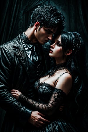 "Create a captivating image featuring a gothic couple exuding a sense of dark romanticism. Portray them in elaborate, intricately designed attire, against a backdrop of a mysterious and atmospheric setting that highlights their unique style and deep connection."