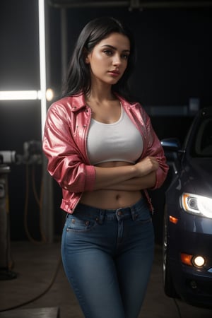 Latin woman, short jacket, short jean, working mechanic, (auto mechanic), black hair, ((bloom)), (masterpiece), (mindfully colorful), divine rays, (ultra high quality), (8K quality ), depth of field, bursts of wind, ((soft detail)), dark style, ((ray tracing effect)), (realistic: 1.3), (sharpened), mechanical workshop, multi layers, high gloss, detailed flare, (body curved), DLSR, 8K UHD, (reflections in the area), detailed ambient lighting, glitters, luces de neon intensa, technology, desktops