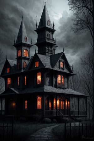 arafed house with a creepy roof and a creepy graveyard, spooky mansion, gothic mansion, haunted gothic hotel, background artwork, inspired by Andreas Rocha, ultra detailed haunted house, haunted house, eerie highly detailed, haunted house themed, victorian manor, victorian house, stefan koidl inspired, by Tomasz Jedruszek