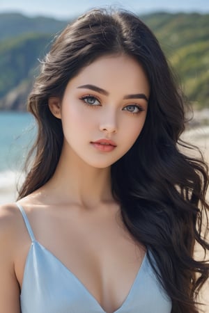 20 years old female beauty, high detailed, nature background, photo realistic, single long wavy black hair, round face, curvy, black round eyes, full cheeks, M-shaped small forehead, white and sky blue cloths, high quality, wide range of colours, photo r3al, detailmaster2