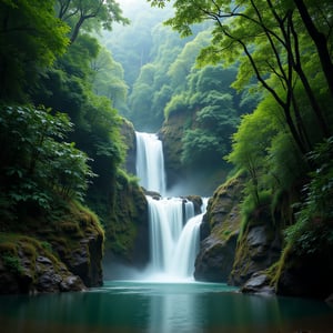 Waterfall in a tropical rainforest. Spring, morning, natural, beautiful, professional photograph, portrait 