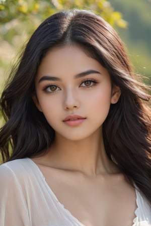 20 years old female beauty, high detailed, nature background, photo realistic, (long wavy black hair), round face, (beige skin tone), curvy, (round brown eyes), full cheeks, (M-shaped small forehead), white cloths, high quality, wide range of colours, photo r3al, detailmaster2