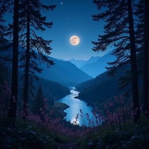 A view from a balcony, nature, river, moon, night, spring, forest, stars