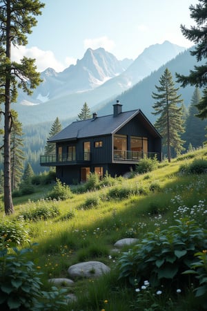 A modern house in a mountain area, nature, green, spring