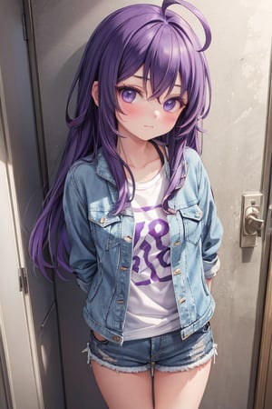 1girl,masterpiece,best quality,long hair, purple hair, ahoge, oversized t-shirt, denim shorts, denim jacket, looking at viewer, facing viewer, blush , closed mouth, from above, close view, arms behind back